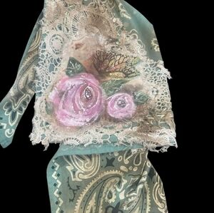 NEW OOAK A Rare Bird Sage Hand-Painted Lace Bandana Scarf Lace Trim
